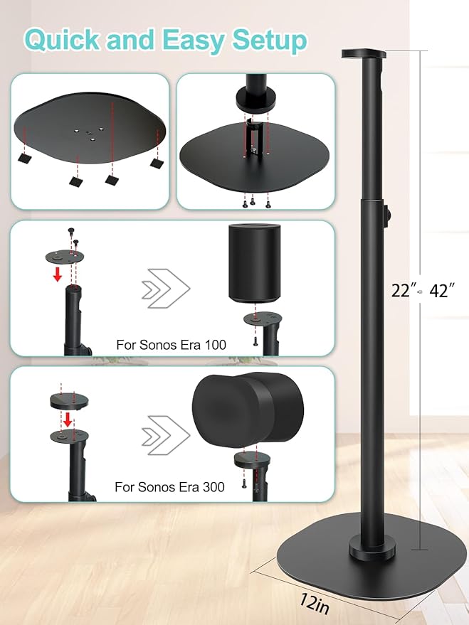 Haturi Speaker Stands Pair for Sonos ERA 100 & 300 Adjustable 22”–42” Floor - Image 6