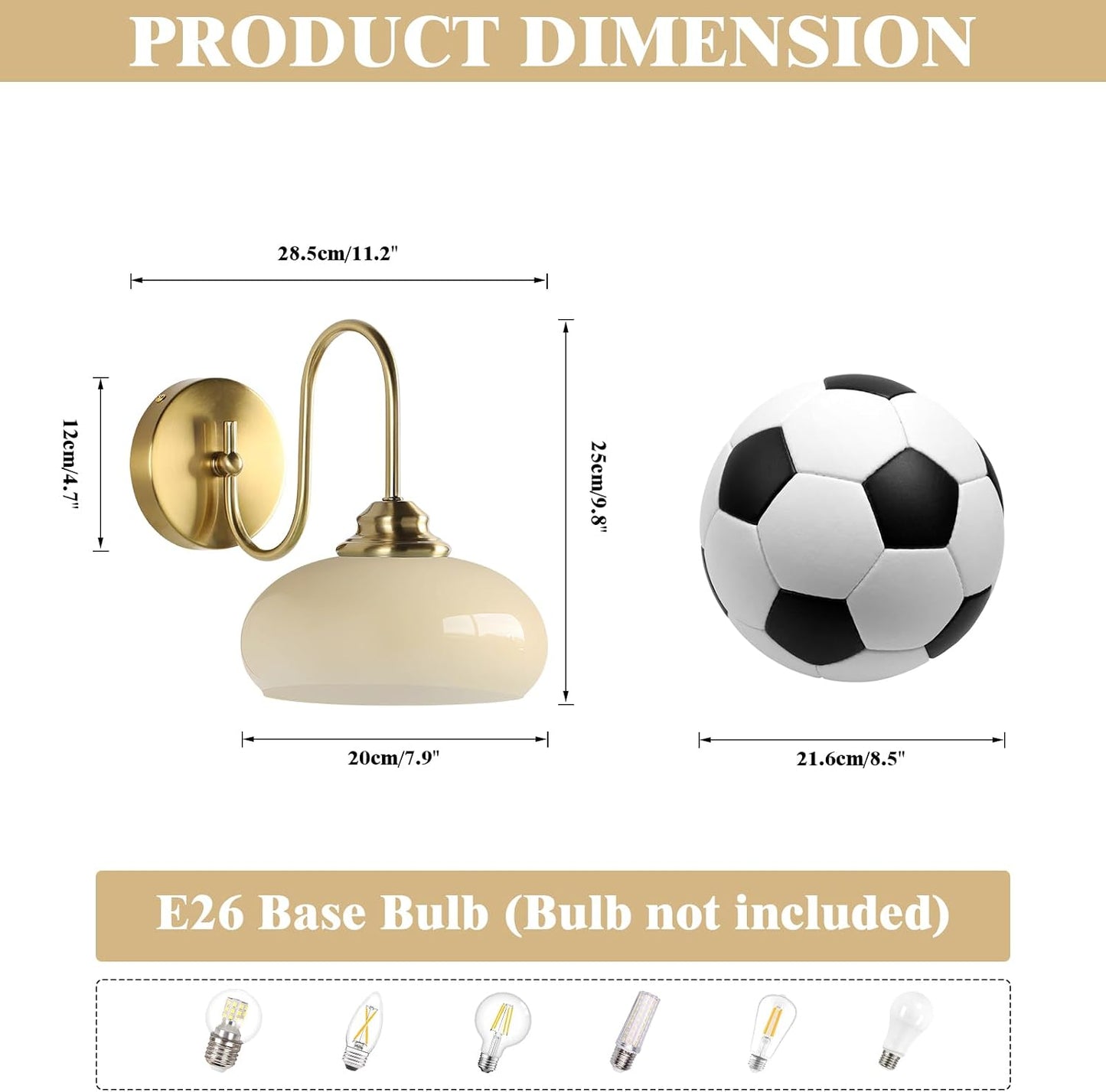 KCO Brass Gold 7.9” Vintage Cream Yellow Dome Glass Wall Sconces Set of 2 | E26 Base Hardwired, Up/Down Mounted, Mid Century Modern Gooseneck Wall Lamp for Bathroom Vanity Bedroom Hallway Entryway Bar