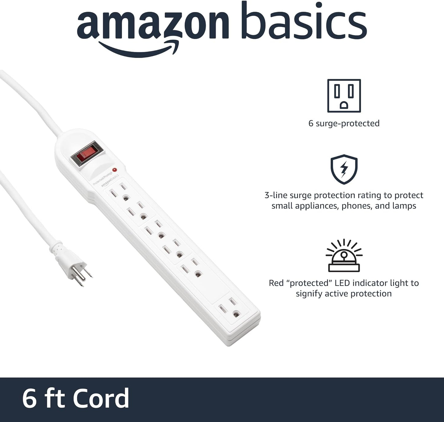 Amazon Basics Surge Protector Power Strip, 6-Outlet, 790 Joules, Circuit Breaker, LED Indicator, 6ft Extension Cord, White (Pack of 2)