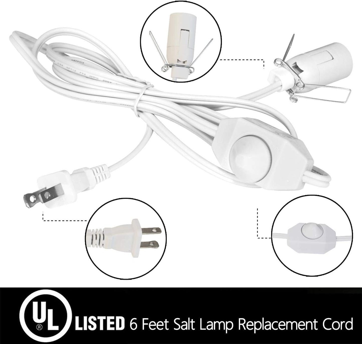 Salt Lamp Cord with Dimmer Control, Betus [Original Replacement] Power Cord with Dim Switch & Clip for All Himalayan Crystal Salt Lamps - UL Listed 6 Feet Long 110V US Standard