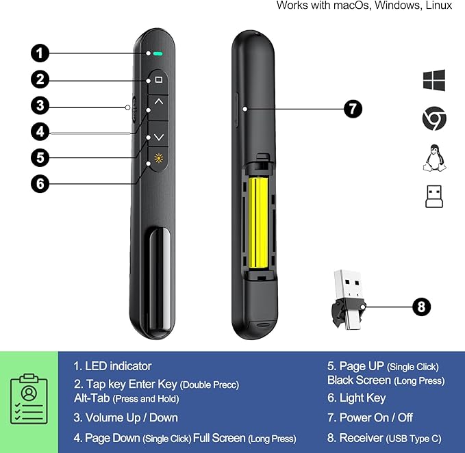 QUI Presentation Clicker for PowerPoint, RF 2.4GHz USB C Wireless Presenter - Image 4