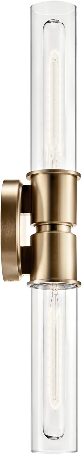 Kichler Aviv 24" 2-Light Wall Sconce Light, Champagne Bronze | Clear glass shades mount up or down and showcase bulb filaments in bedrooms, hallways, kitchens and laundry rooms, 52654CPZ