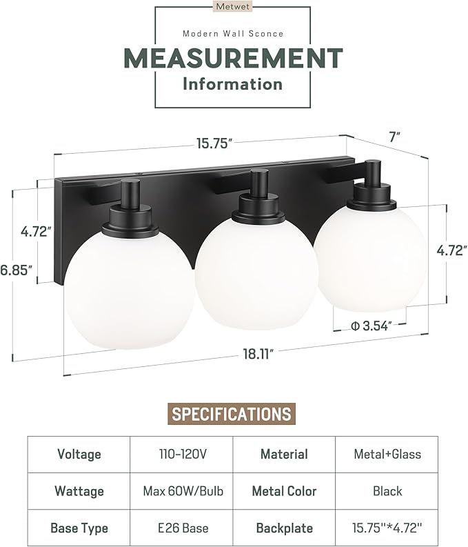 METWET Bathroom Light Fixtures, 3-Light Matte Black Vanity Light, Modern Wall - Image 3