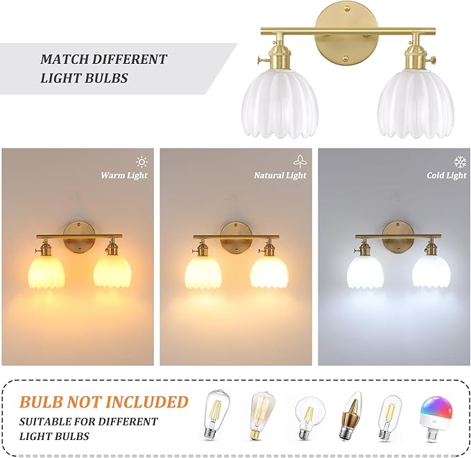 Shenmoyl Bathroom Light Fixtures, 2-Light Brass Vanity Wall Light Over Mirror - Image 4