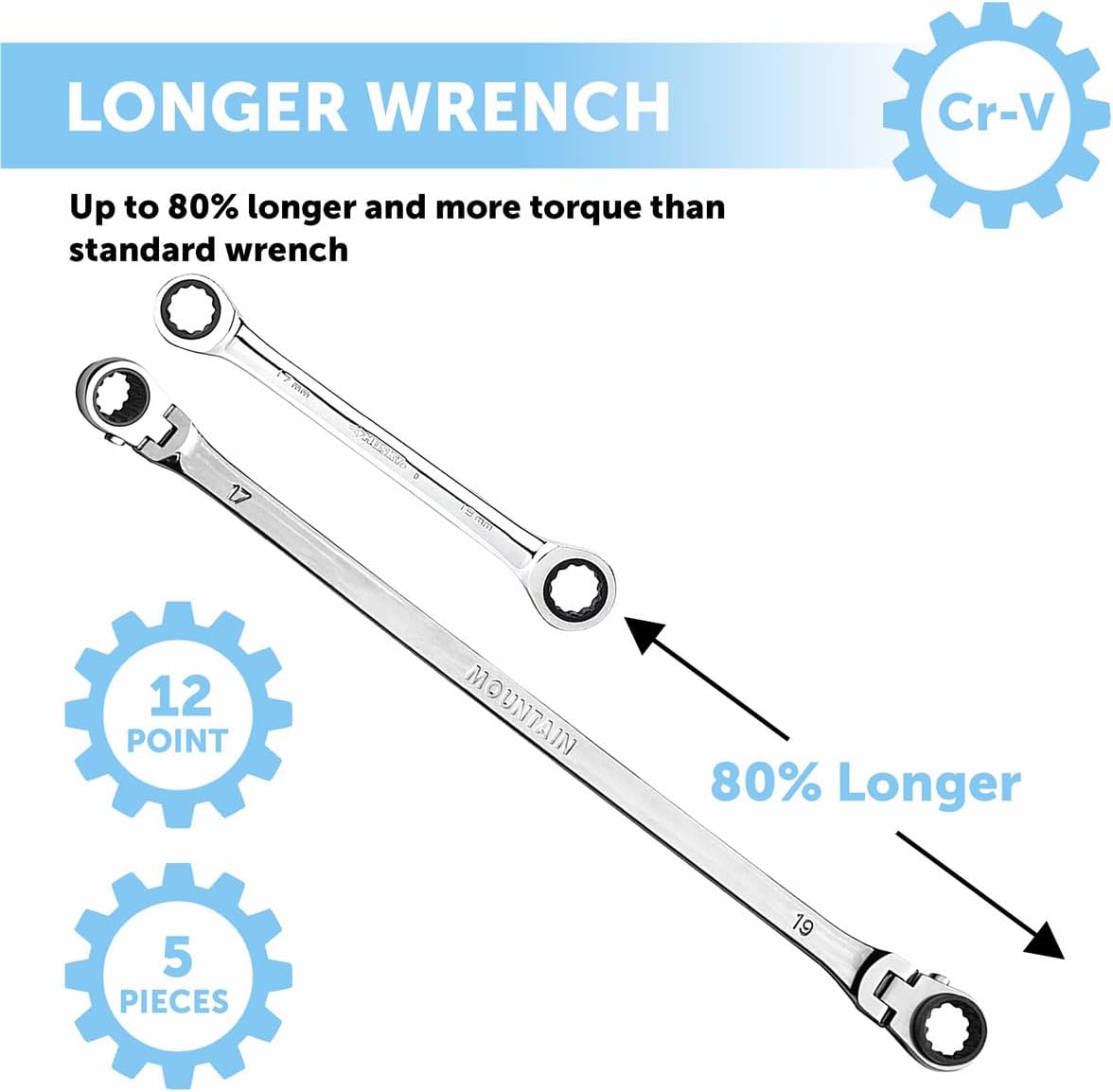 MOUNTAIN RM6, 5 Piece Metric Double Box Universal Spline Reversible Ratcheting Wrench Set, Extra Long Chrome Vanadium Steel, 90 Tooth, 4 Degree Swing Arc, Flexible Design for Hard to Reach Fasteners