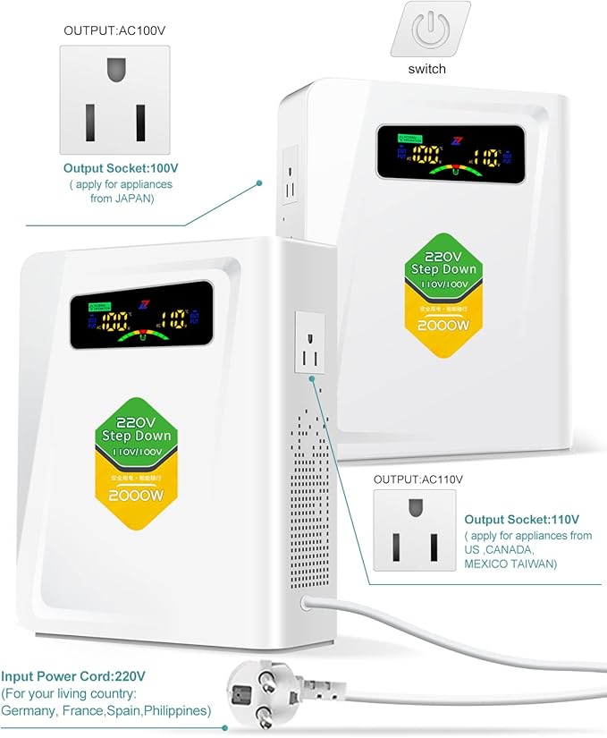 Step Down Transformer 220v to 110v Voltage Converter 2000w, No Noise, Ten - Image 2