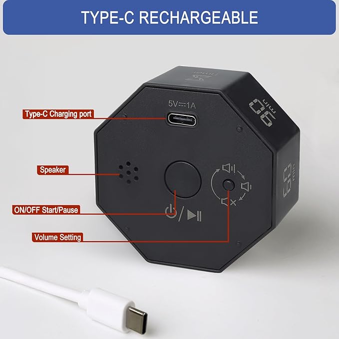 GuDoQi Digital Productivity Timer, Octagon Rotating Pomodoro Timers - Image 3