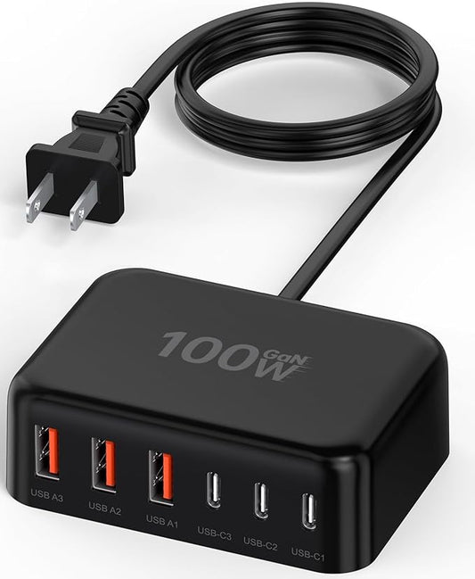 USB C Charger Block, 100W GaN 6 Port PD USB C QC USB A Wall Charger Adapter by BOVICAS