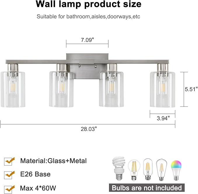 SOPEAS 4 Light Bathroom Light Fixtures, Brushed Nickel Modern Bathroom Vanity - Image 2