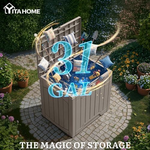 yitahome outdoor resin storage box 31 gal showing dimensions