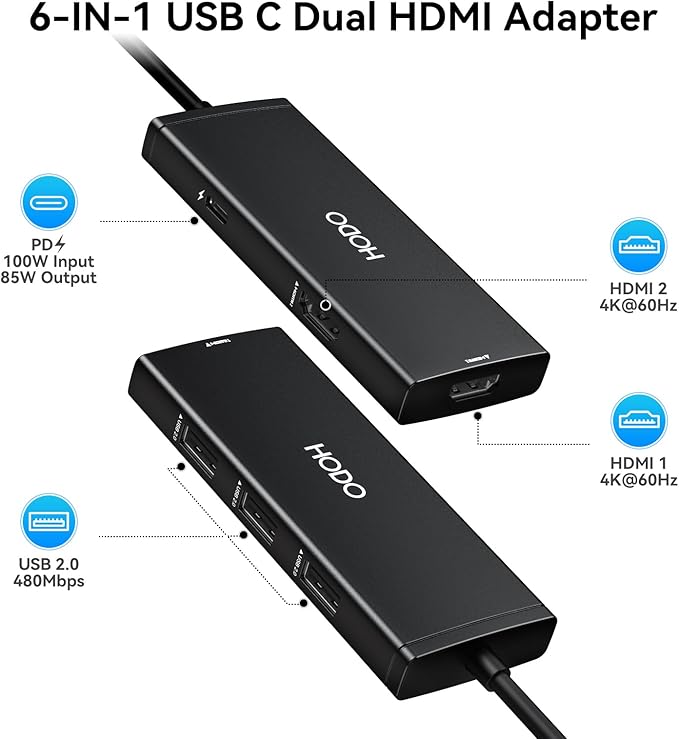 HODO Docking Station USB C to Dual HDMI Adapter, USB-C Hub - Image 2
