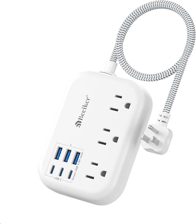 Beeiker Short Extension Cord 1 Ft- 6 USB Travel Power Strip by Beeiker-BetterHelperforYou