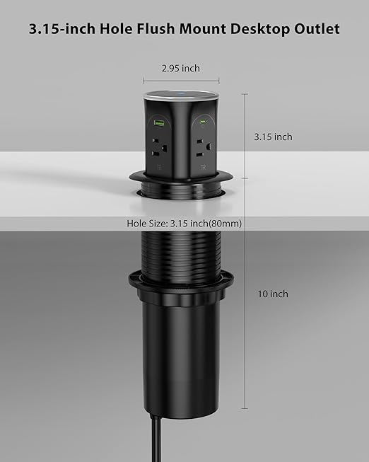 Motorized Pop Up Outlet, 2 PD 45W USB C Charging Station, 3.15 in Hole Desktop - Image 6
