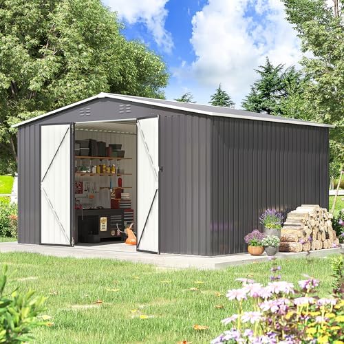 polar aurora 10x12 outdoor storage metal shed with on a desk or shelf
