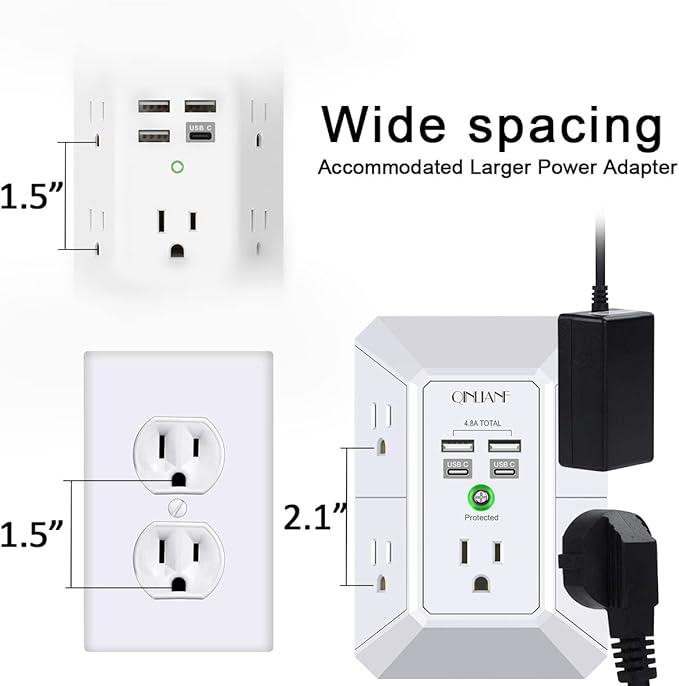 USB Wall Charger, Surge Protector, QINLIANF 5 Outlet Extender - Image 6