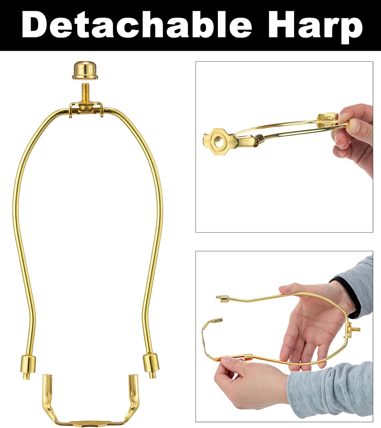 Brass 8 Inch Lamp Harp - 2 Set, Detachable Shade Holder for Table & Floor Lamps, Heavy Duty Bracket with Standard Saddle & Finial