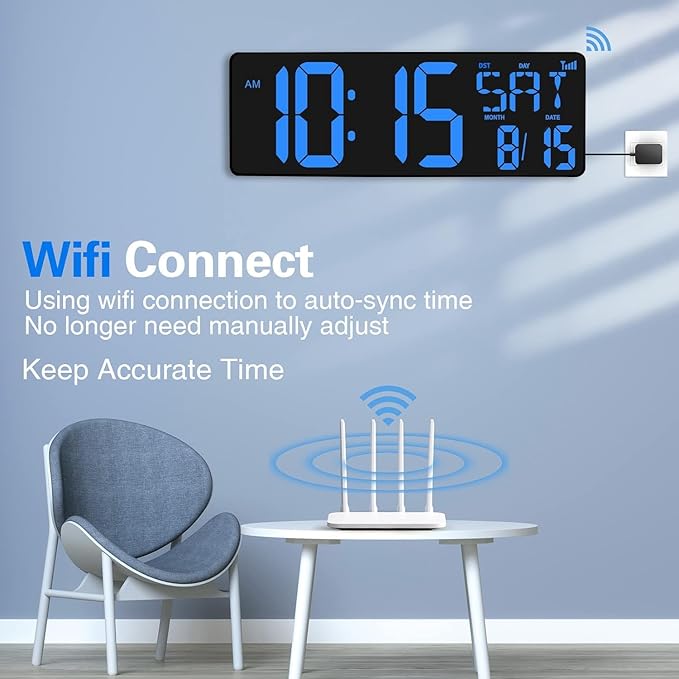 XREXS Large Digital Wall Clock WiFi Sync, 16.5 in Large Display Wall Clock - Image 3