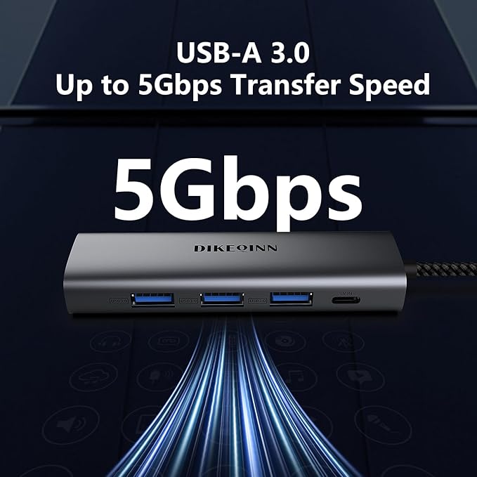 DIKEQINN USB 3.0 Hub with Gigabit Ethernet, 3-Port USB-A 5Gbps + USB-C Power - Image 5