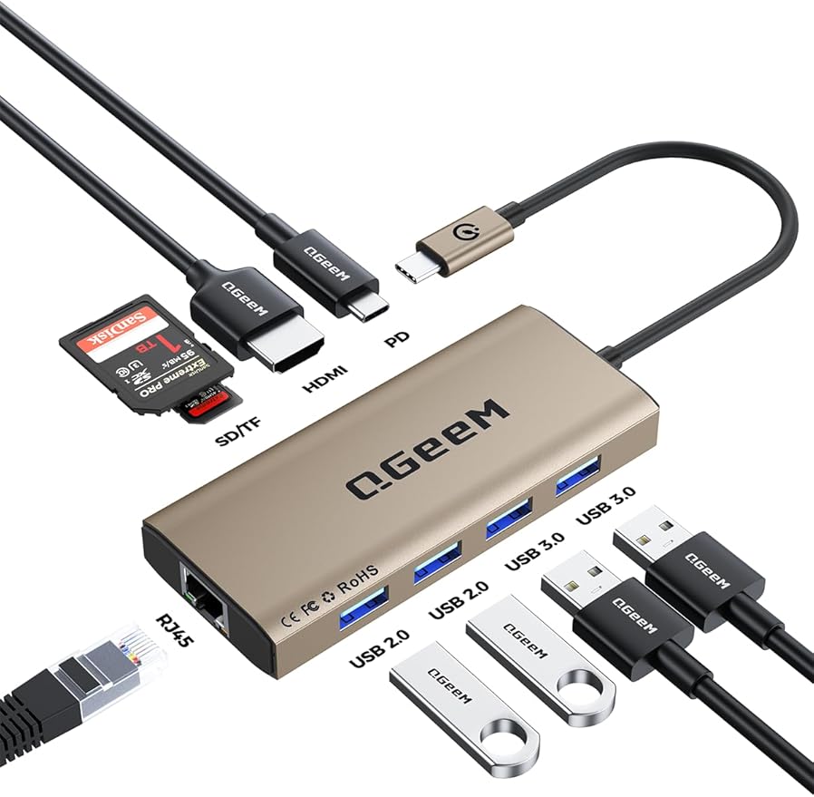 QGeeM USB C Hub Ethernet, 9 in 1 USB Type C Hub HDMI Multi-Port Converter by Redaw