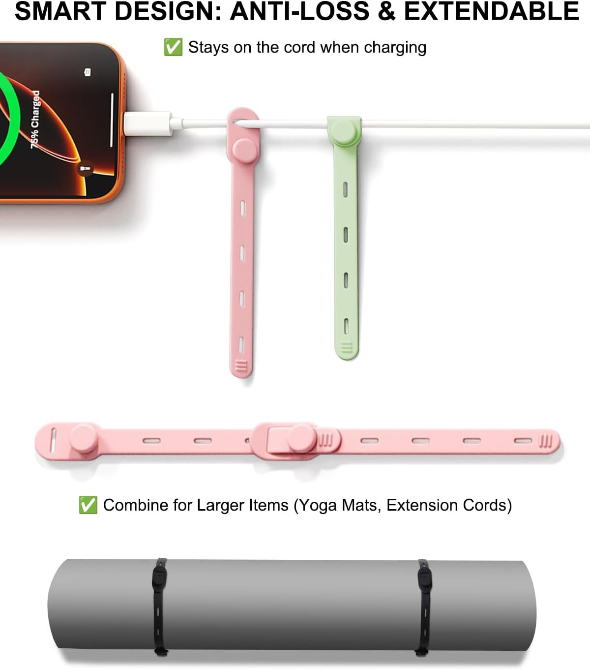 OneLeaf Reusable Silicone Cable Ties, Soft Cord Bundlers for USB Chargers, Kitchen Appliance, Adjustable Wire Management Straps with Secure Buckle, Travel Tech & Cruise Essentials Keepers, Multicolor