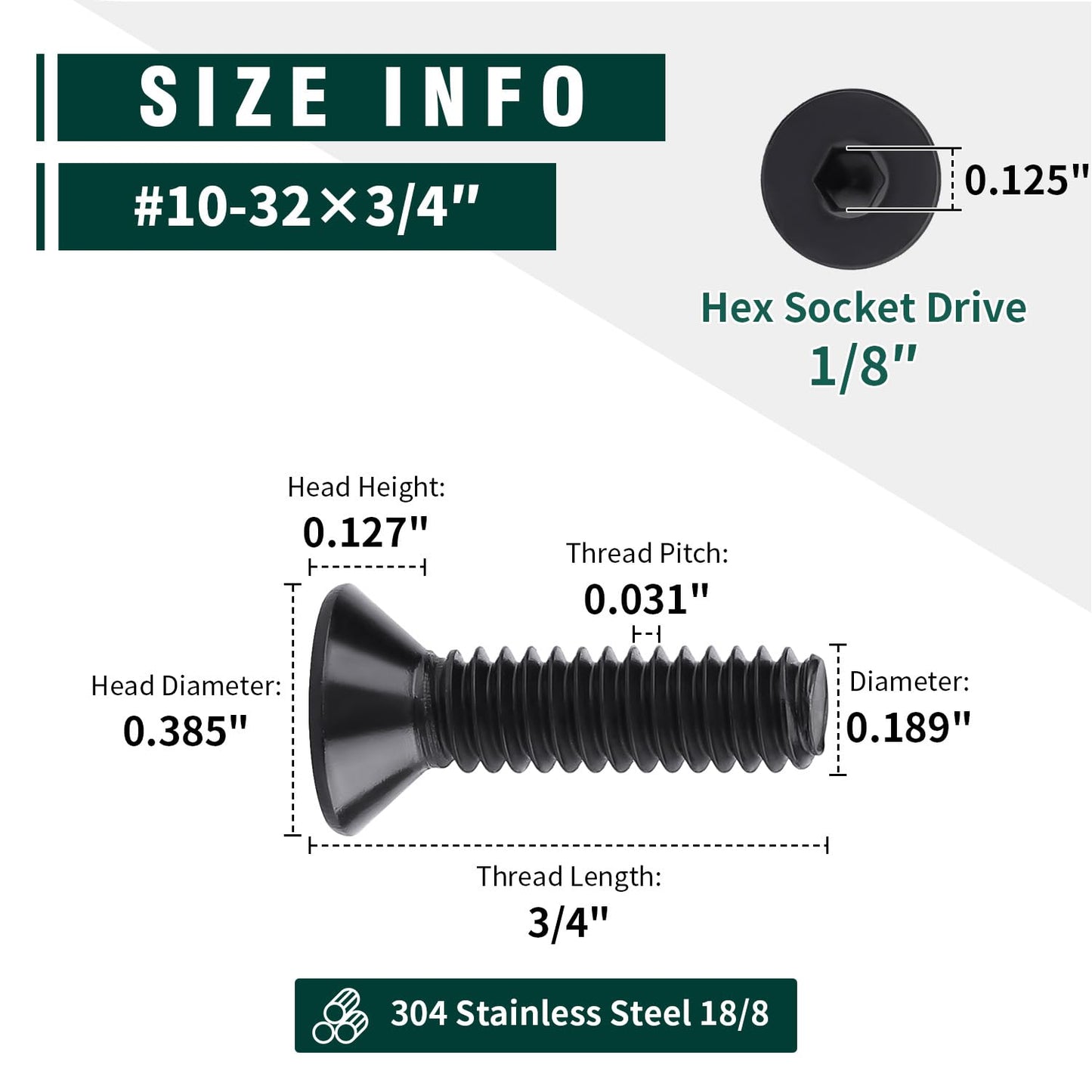 #10-32 x 3/4" Flat Head Socket Head Cap Screws Black, Allen Hex Drive, 304 Stainless Steel 18-8, Black Coated Finish, Corrosion Resistant, Full Thread, Coarse Thread, 50 PCS
