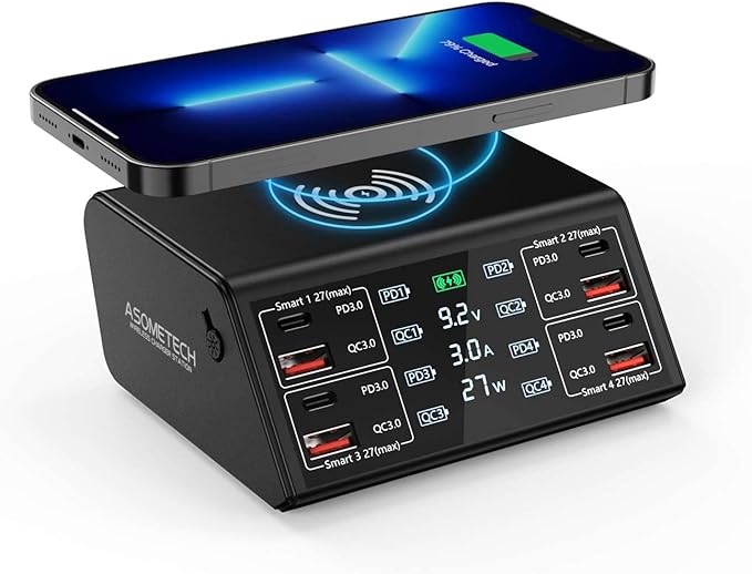 USB Charger, ASOMETECH 100W 8 Port Multiple USB Charging Station by ASOMETECH