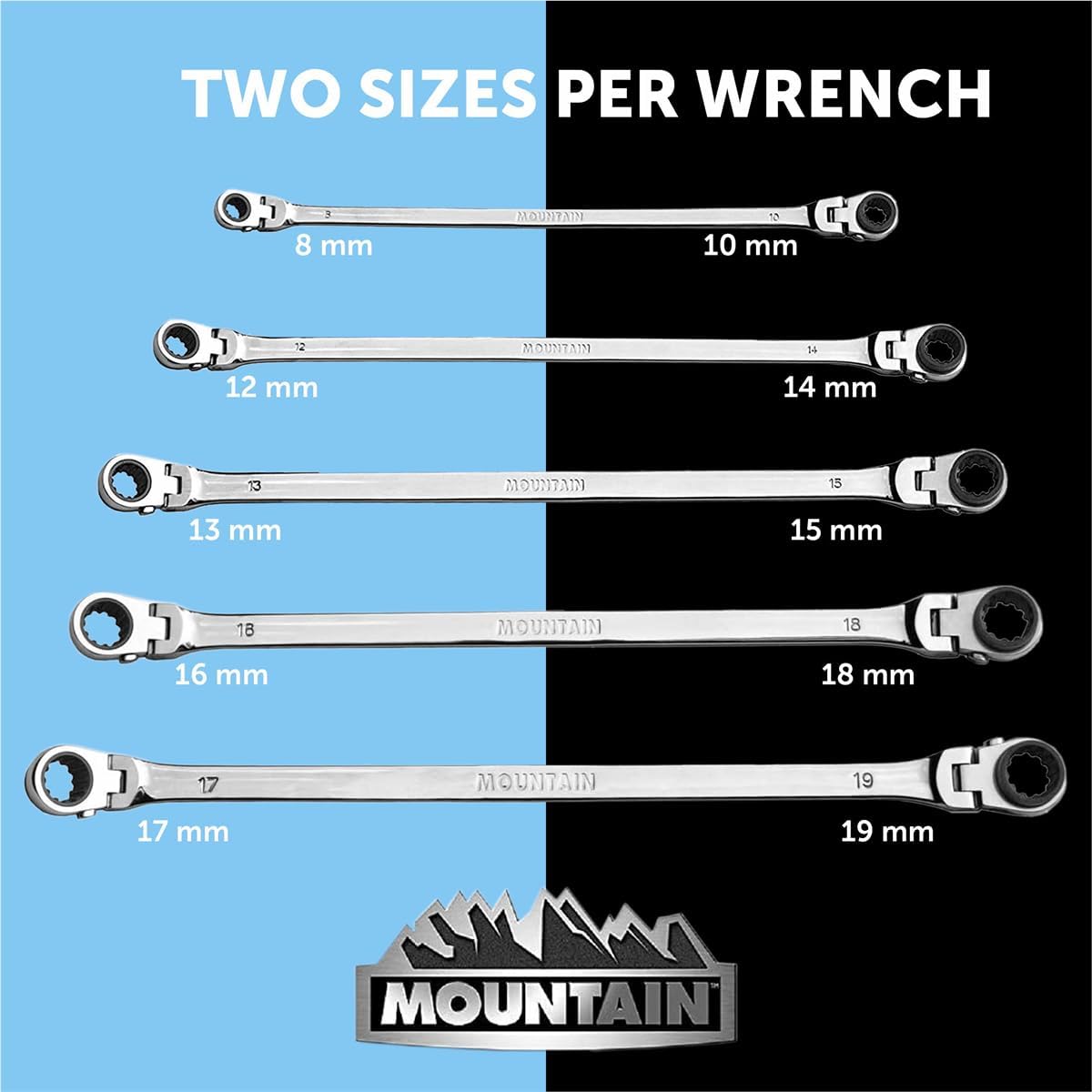 MOUNTAIN RM6, 5 Piece Metric Double Box Universal Spline Reversible Ratcheting Wrench Set, Extra Long Chrome Vanadium Steel, 90 Tooth, 4 Degree Swing Arc, Flexible Design for Hard to Reach Fasteners