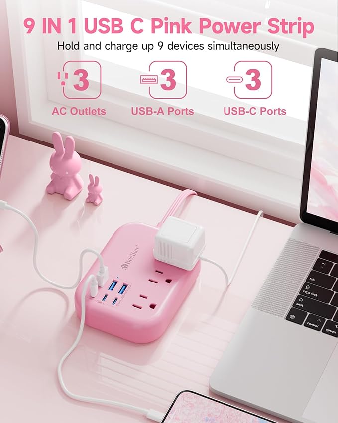 6 USB Pink Power Strip- 5Ft Extension Cord - Image 3