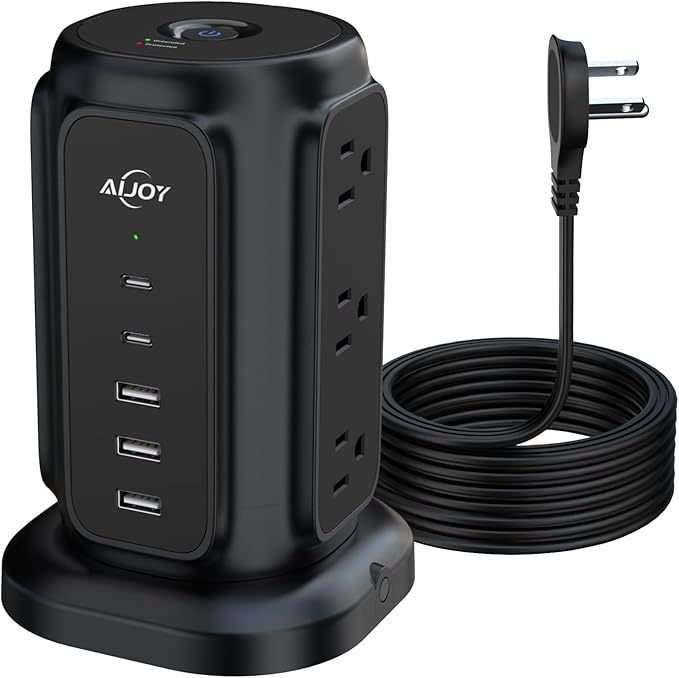 AiJoy Power Strip Tower with 9 AC Outlets and 5 USB Ports, Flat Plug 1625W by AiJoy