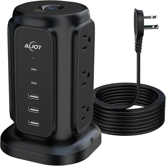 AiJoy Power Strip Tower with 9 AC Outlets and 5 USB Ports, Flat Plug 1625W by AiJoy