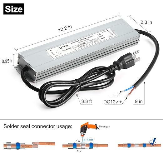 LED Power Supply 150 Watts LLTOP Waterproof IP67 LED Driver 100-264V AC to 12V - Image 3