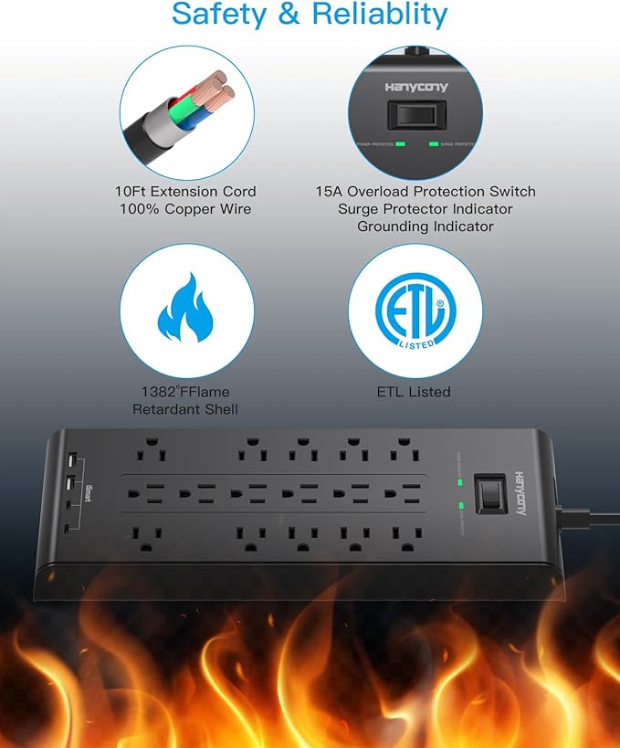 Power Strip 10 Ft, HANYCONY Surge Protector - Image 6