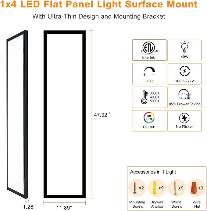 Mcacggo Black 1x4 LED Flat Panel Light Flush Mount 4-Pack, 3000K/4000K/5000K - Image 7