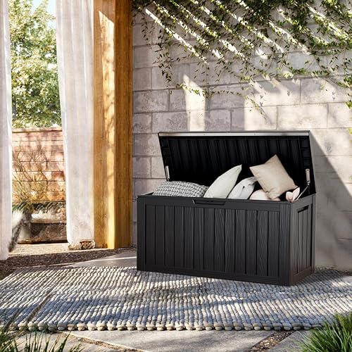 tarkari 80 gallon outdoor storage box waterproof, resin, front angle view