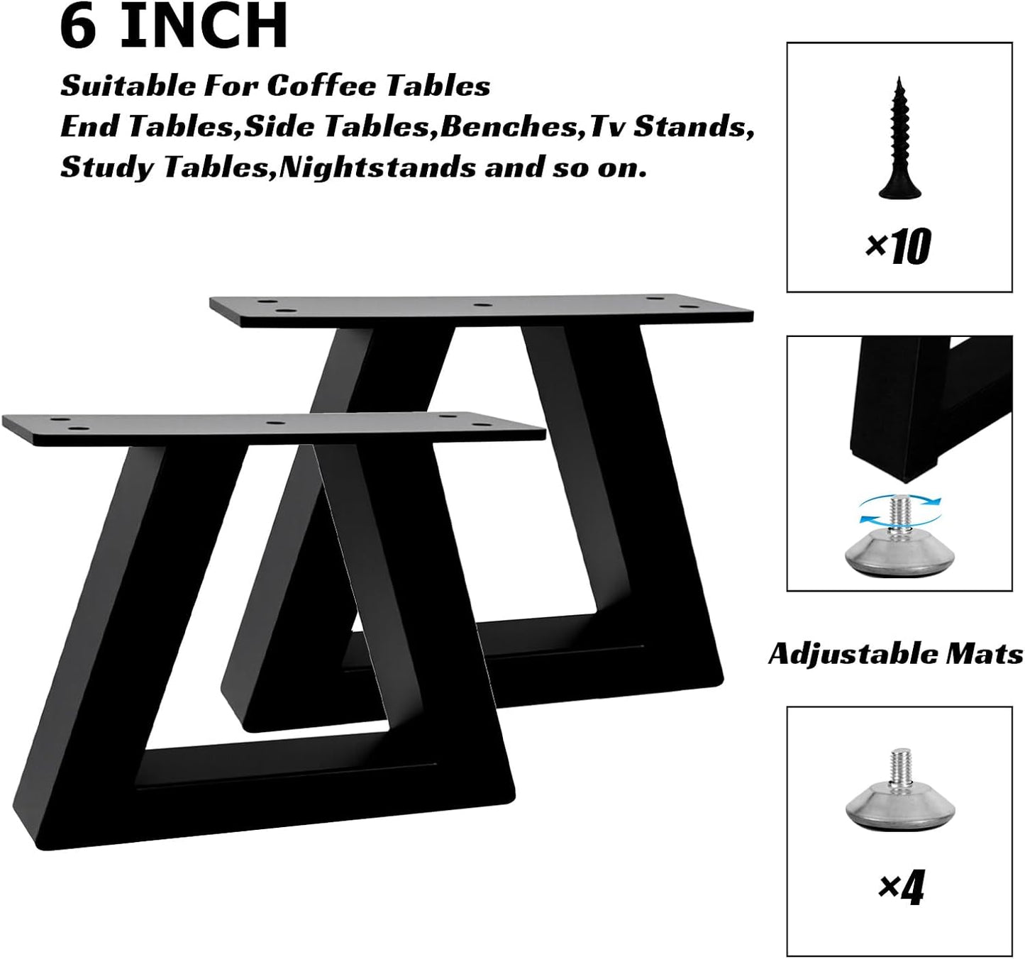 6 Inch Trapezoid Metal Table Legs Black, DIY Furniture Feets for Bench, Chair, TV Cabinet, Coffee Table,Couch, Sofa, Stool Legs, Including Screws and Adjustable Feet Pads, 6” x 7.9”