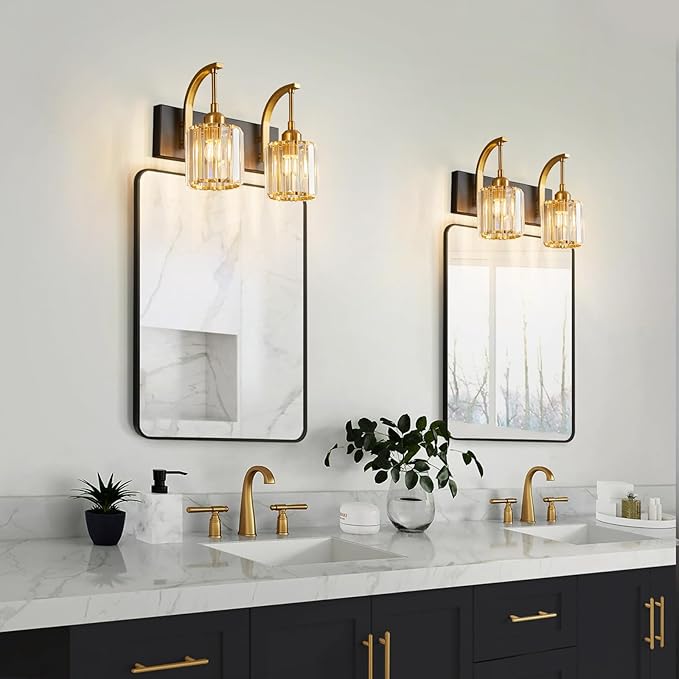 FDPBY Bathroom Crystal Vanity Lights 2-Light Black Gold Wall Lamp Modern - Image 6