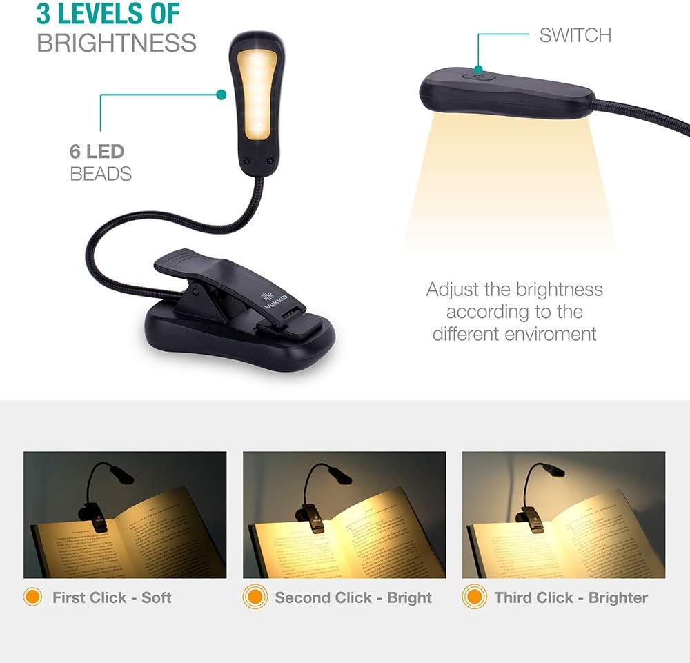 Vekkia Book Light Set with Charger, Clip on Reading Light in Bed | 3 Brightness,Up to 60 Hrs, Rechargeable,Eye-Care Warm LED for Read Before Bed (Incl Travel Case, Cable)
