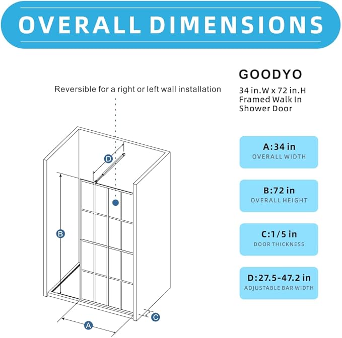 Goodyo 34" x 72" Shower Door Tempered Glass Shower Screen - Image 2