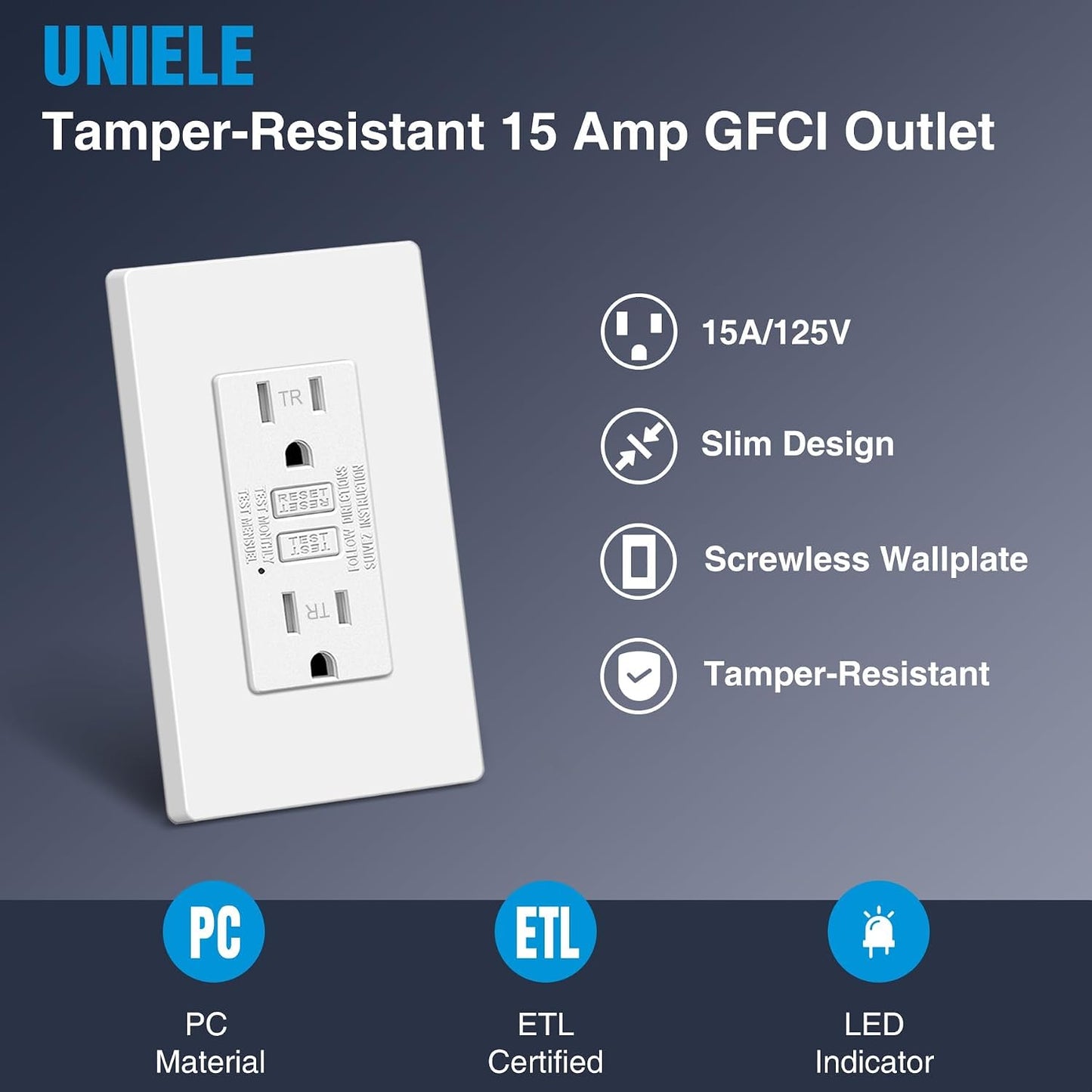 (24 Pack) UNIELE 15A TR GFCI Receptacle with Screwless Wallplate, White | 15A TR GFCI Receptacle, LED Indicator, Slim Design with Screwless Wallplate, ETL Listed, for Residential Indoor Installation