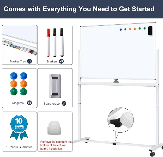 White Board on Wheels, 48 x 32 Inches Height-Adjustable Large Rolling Whiteboard - Image 6