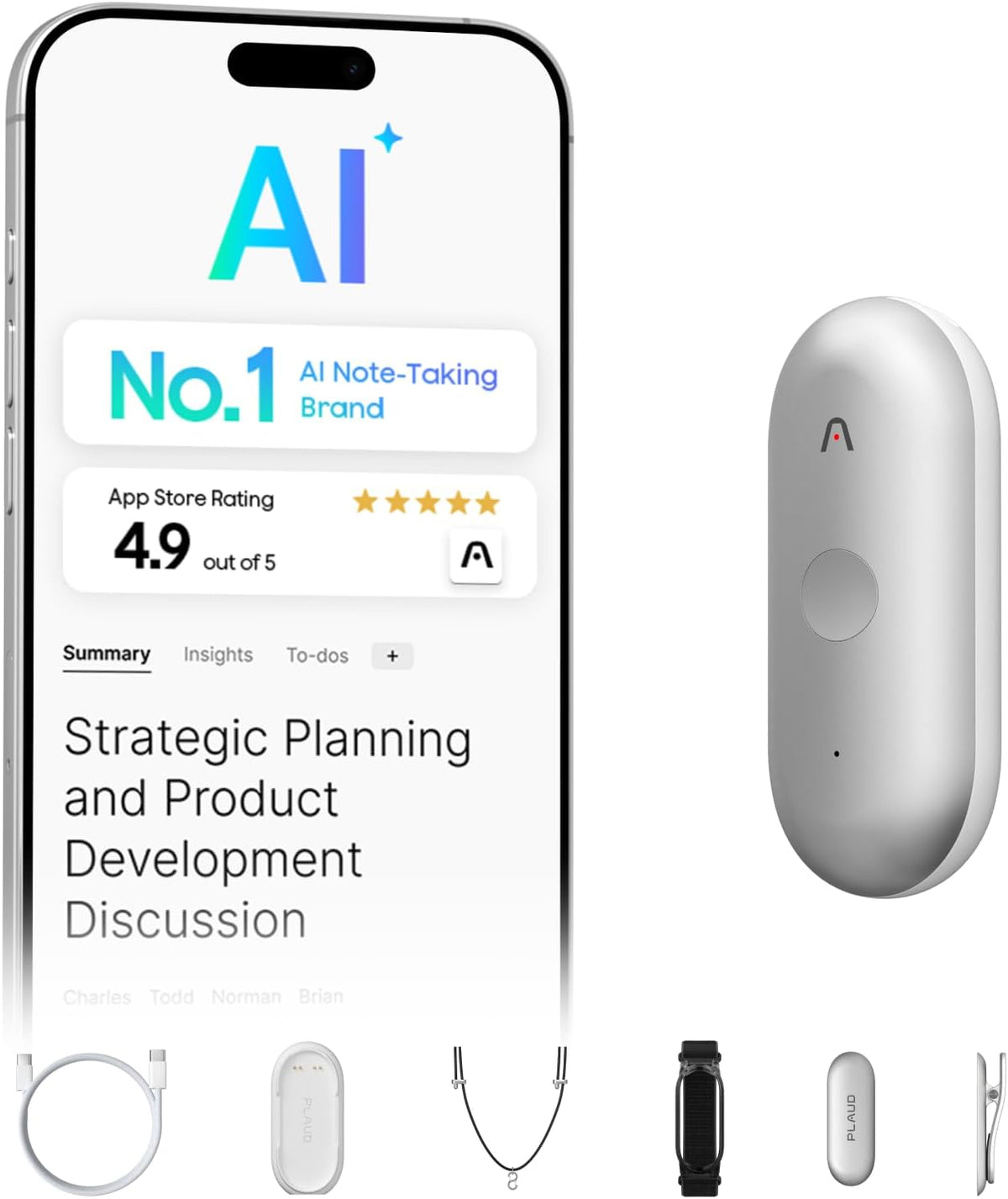 Plaud NotePin S AI Voice Recorder, Wearable AI Notetaker, AI Transcribe &