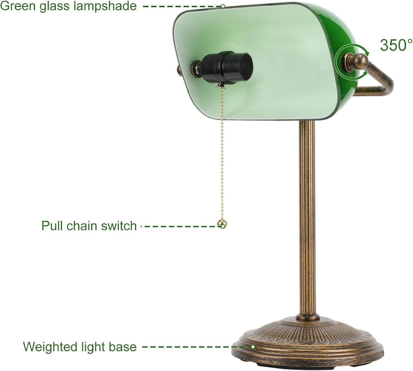 NISSAFORS Bankers Desk Lamp, Green Glass Shade, Vintage Desk Lamp with Pull Chain Switch, Retro Table Lamps for Home Office(Retro Gold+Green, Small)