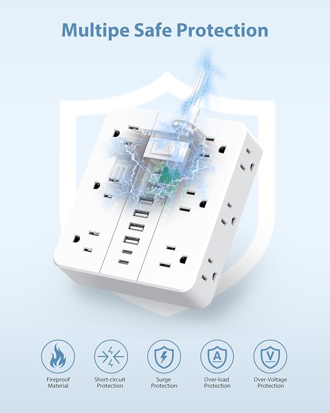 Power Strip Flat Plug with 12 Outlets 6 USB, SMNICE Surge Protector Charging - Image 2