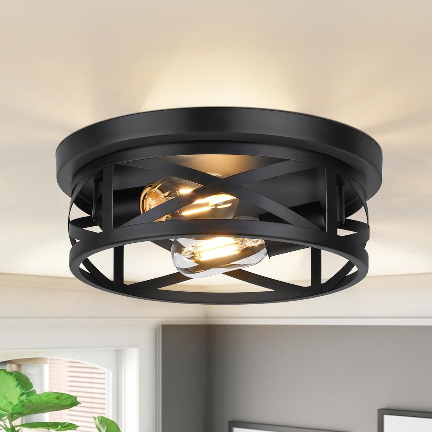 2-Light Flush Mount Ceiling Light Fixtures, 2-Pack | Farmhouse Black Ceiling Lights, Industrial Metal Cage Light Fixtures with Adjustable Head for Bedroom Hallway Kitchen