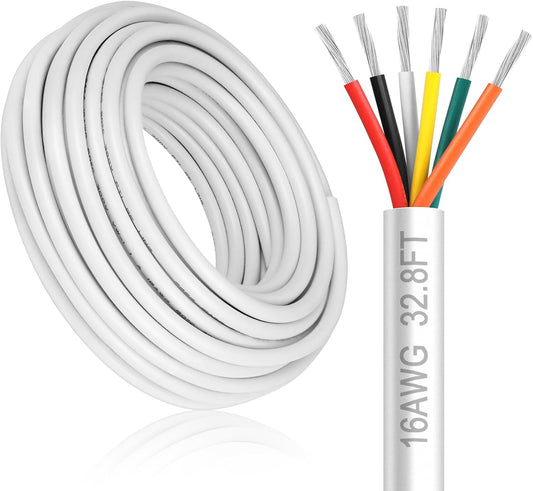 16 Gauge 6 Conductor Electrical Wire, 32.8FT White Stranded Low Voltage 16/6