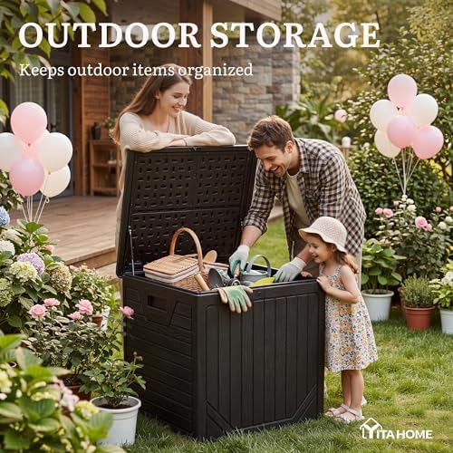 yitahome 150 gallon large outdoor deck box on a desk or shelf