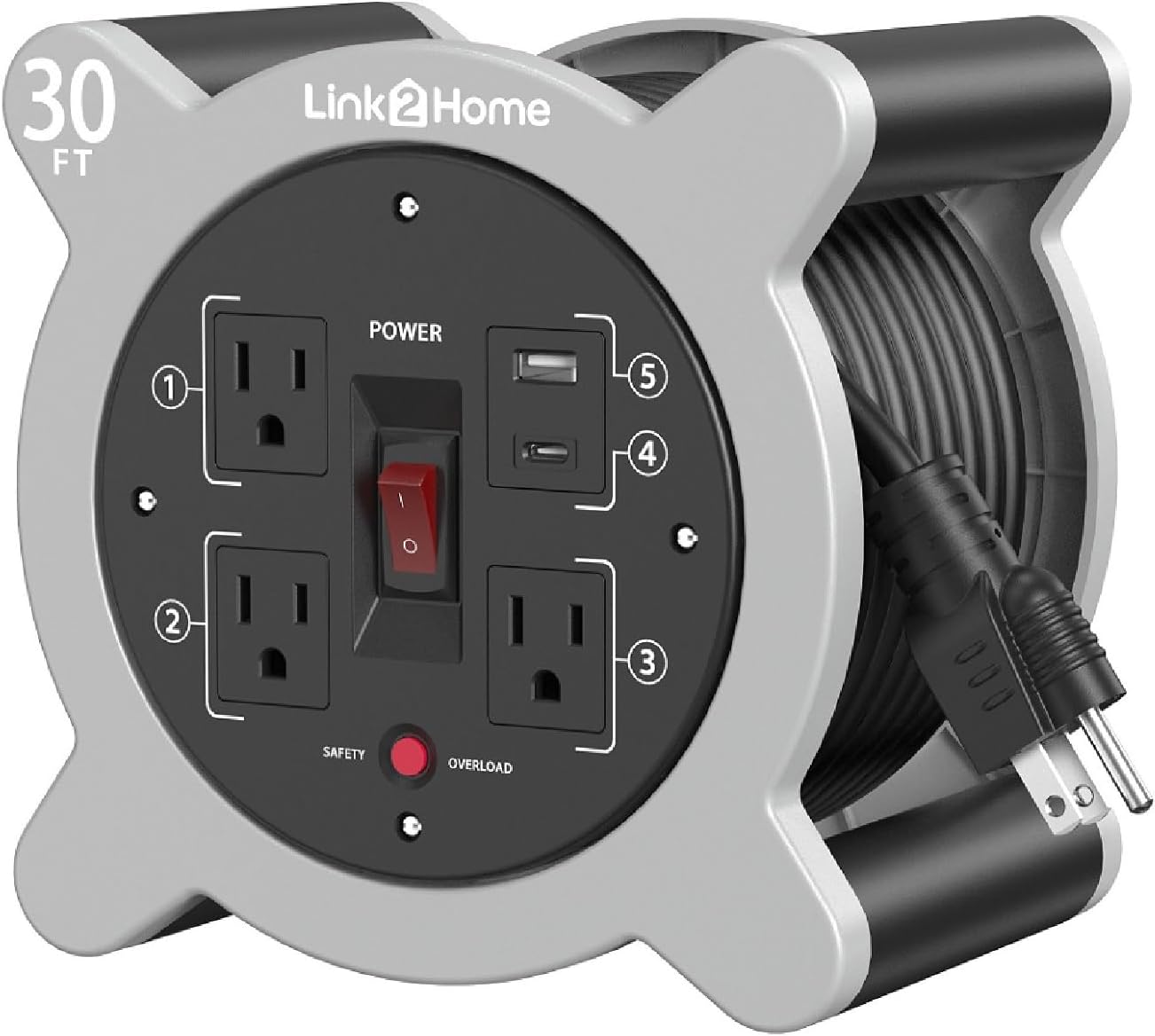 Link2Home 30 Ft. Extension Cord Reel, 3 Outlets, 2 USB Ports | 16 AWG SJT cable, 2.4A fast-charge USB ports, compact reel storage