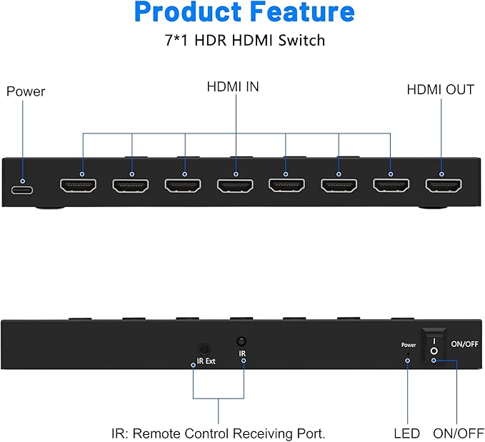 HDMI Switch 7 in 1 Out 4K@60Hz, 7 Port HDMI Switcher Selector Support HDR & - Image 3