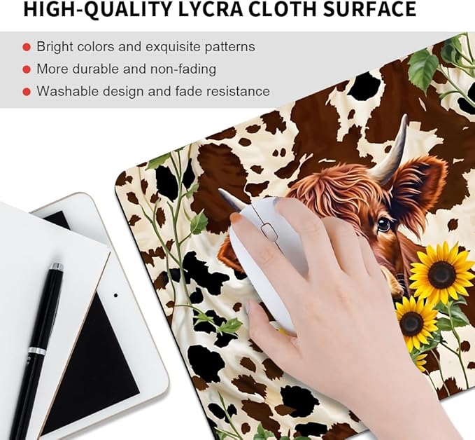 Western Highland Cow Sunflowers and Cowhide Brown Square Mouse pad, Waterproof - Image 3