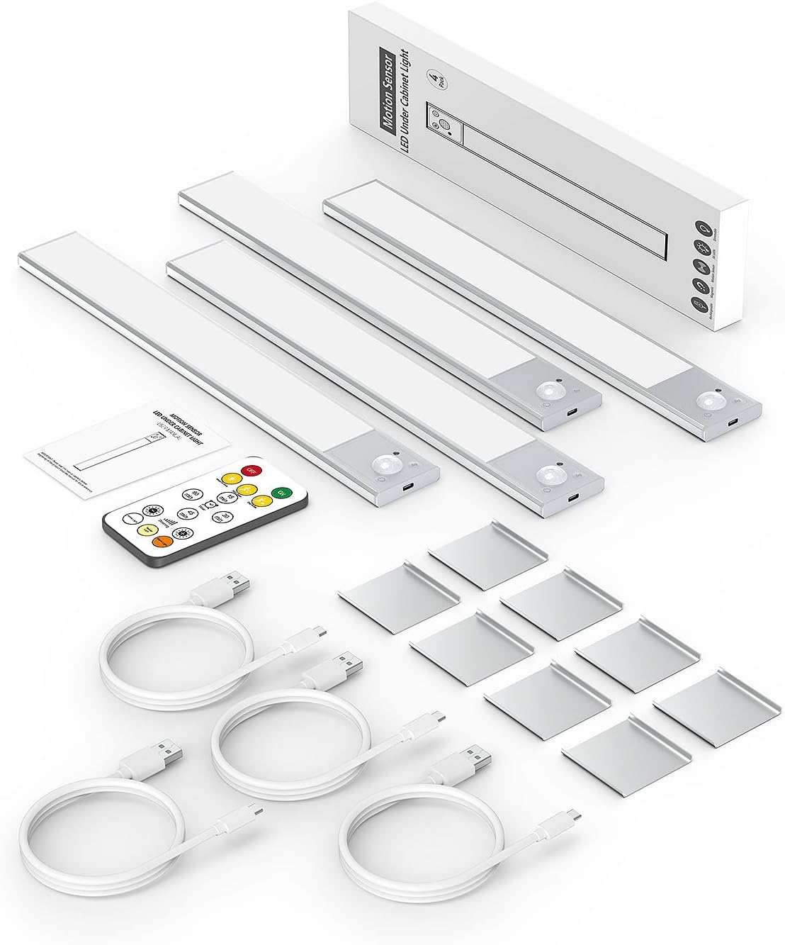 12" Ultra-Thin Under Cabinet Lighting Wireless, Aluminum Alloy Under Counter Lights for Kitchen, 3-Color-Temps Magnetic Closet Lights, Rechargeable Motion Sensor Light Indoor (4 Pack, Silver)